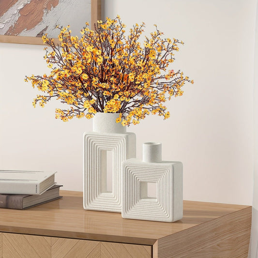 Geometric Ceramic Vase Set | Modern Home Accessories | Textured White Finish