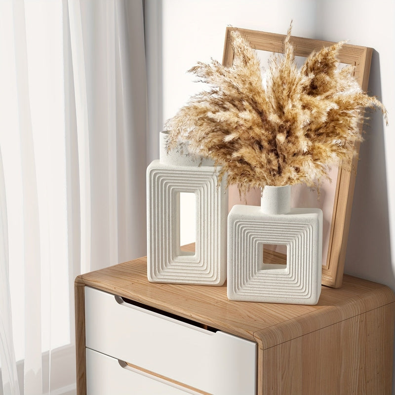 Geometric Ceramic Vase Set | Modern Home Accessories | Textured White Finish