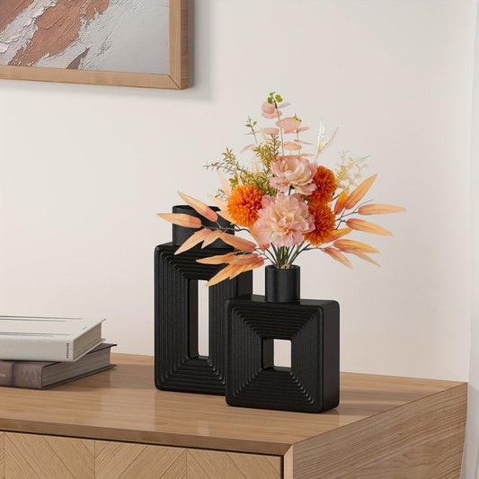 Geometric Ceramic Vase Set | Modern Home Accessories | Textured White Finish
