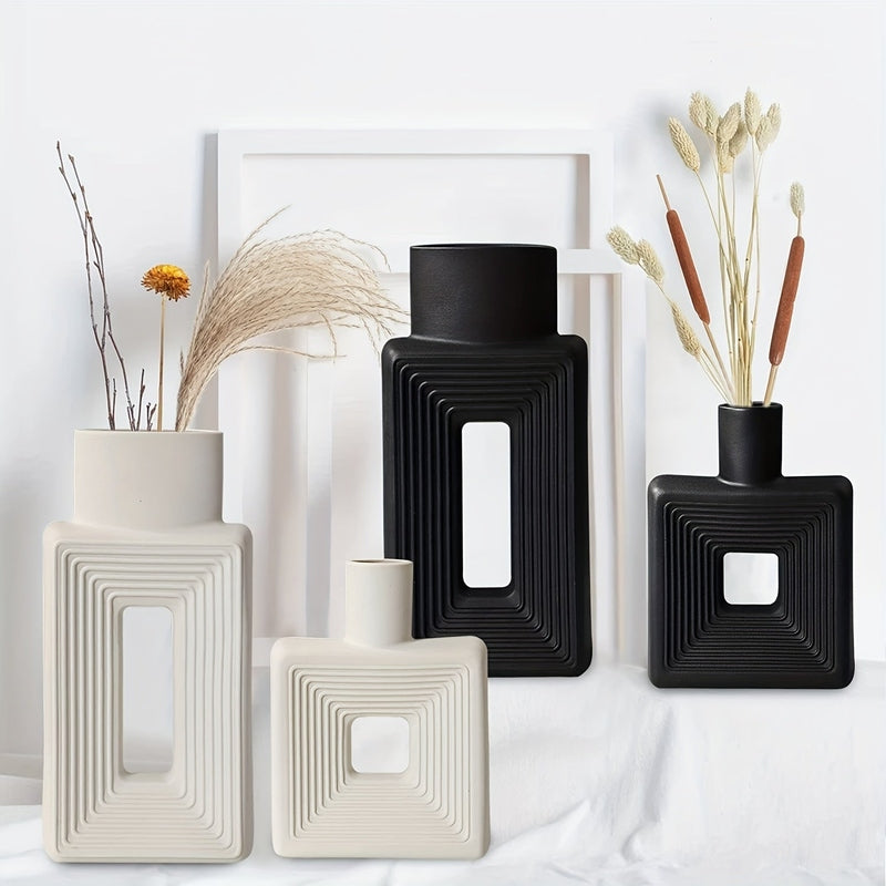 Geometric Ceramic Vase Set | Modern Home Accessories | Textured White Finish
