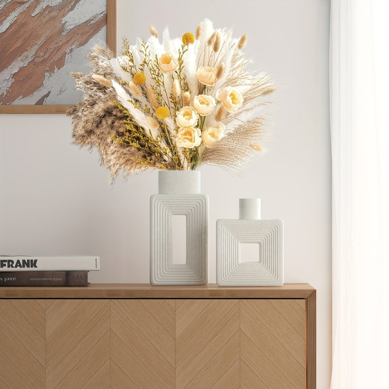 Geometric Ceramic Vase Set | Modern Home Accessories | Textured White Finish