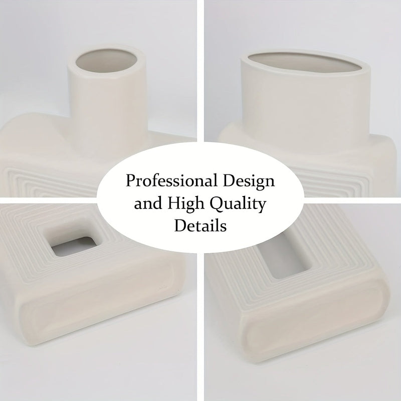 Geometric Ceramic Vase Set | Modern Home Accessories | Textured White Finish