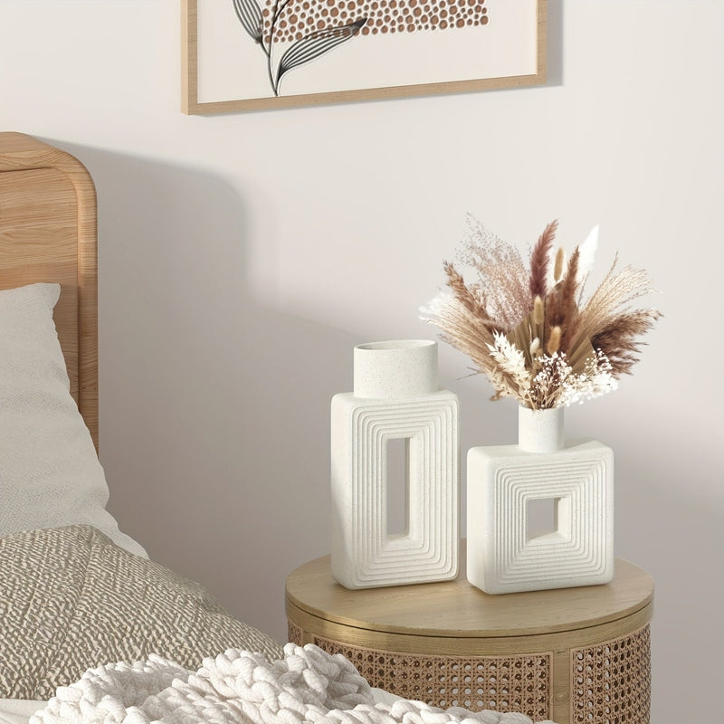 Geometric Ceramic Vase Set | Modern Home Accessories | Textured White Finish