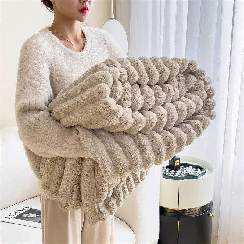 Textured Faux Fur Throw Blanket | Cozy Sofa Accessory | Soft Ribbed Fleece