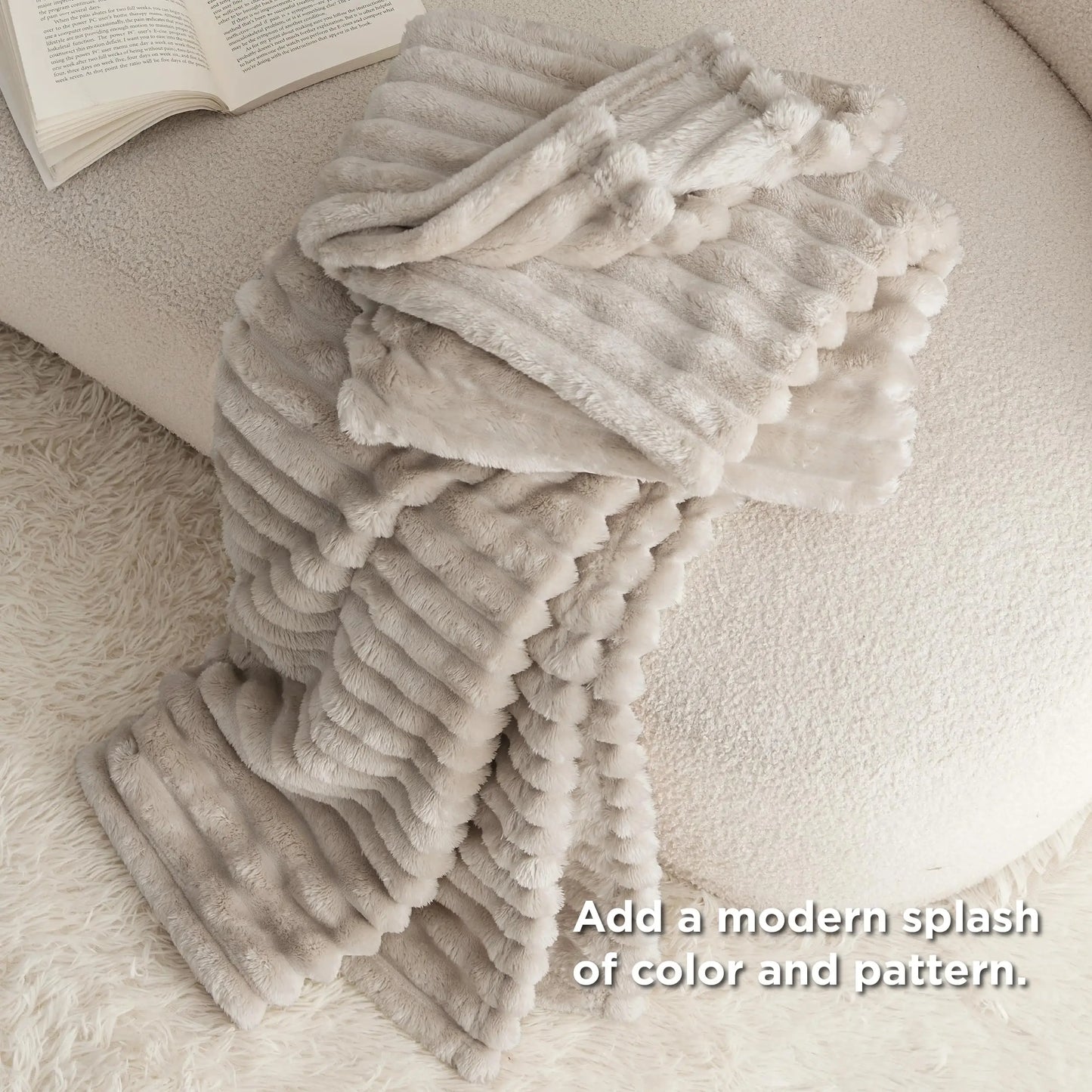 Textured Faux Fur Throw Blanket | Cozy Sofa Accessory | Soft Ribbed Fleece