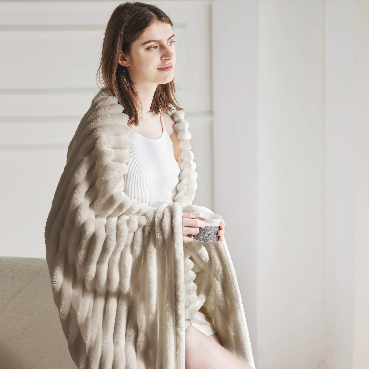 Textured Faux Fur Throw Blanket | Cozy Sofa Accessory | Soft Ribbed Fleece