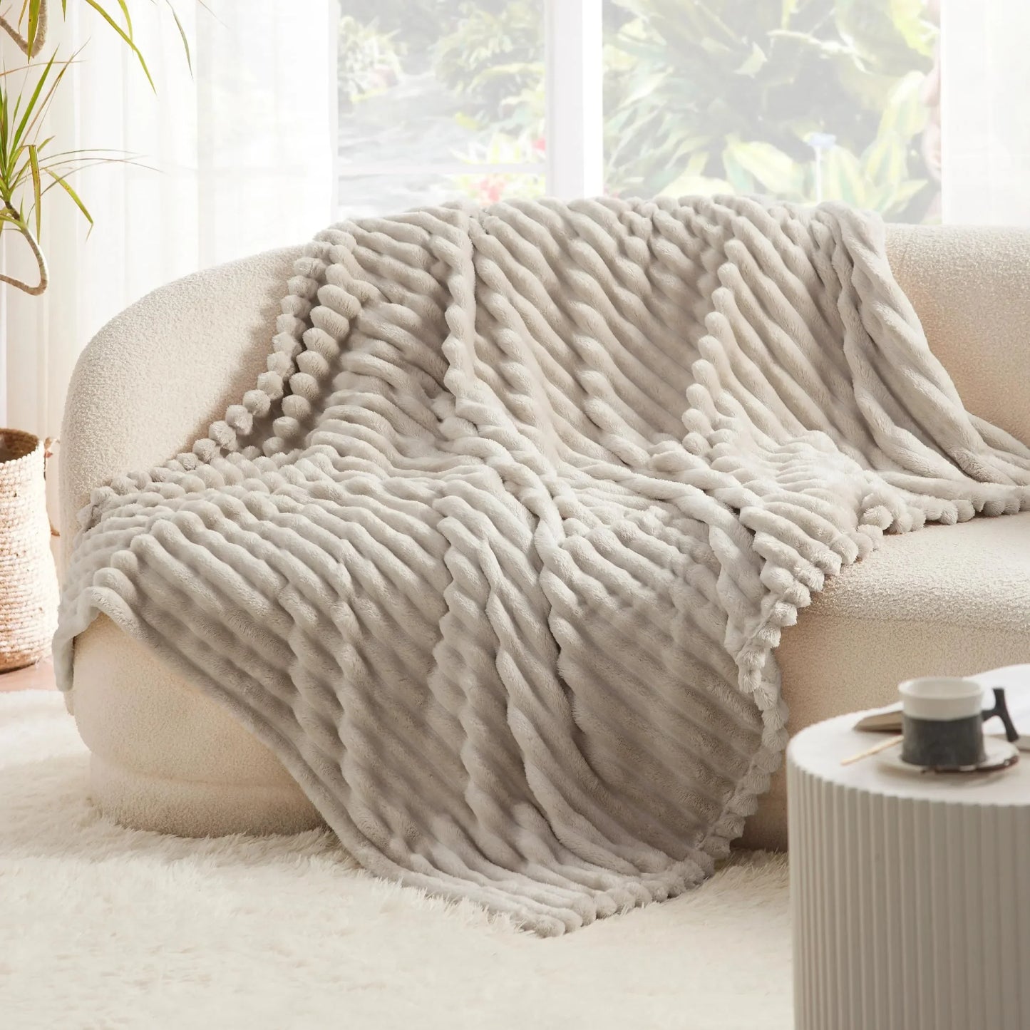 Textured Faux Fur Throw Blanket | Cozy Sofa Accessory | Soft Ribbed Fleece