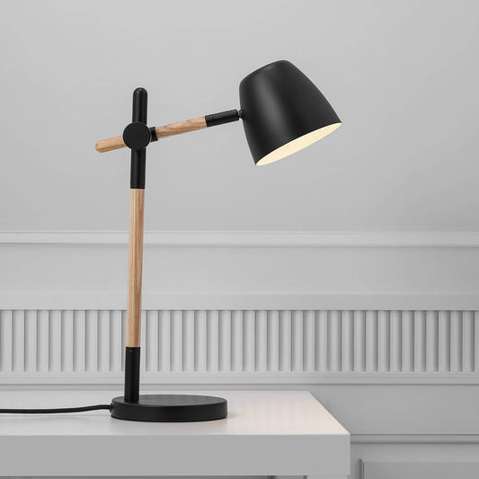 Scandinavian Desk Lamp | Adjustable Table Light | Black Metal & Wood Base